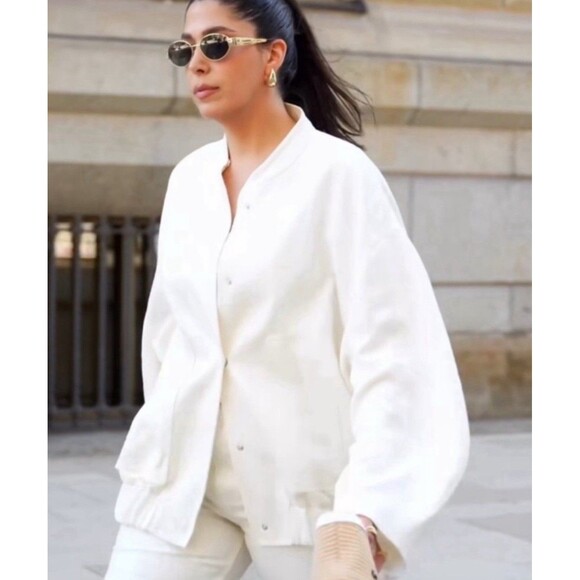 Zara Jackets & Blazers - Zara Oversized Linen Blend Bomber Jacket Women Size M Ivory Pockets New